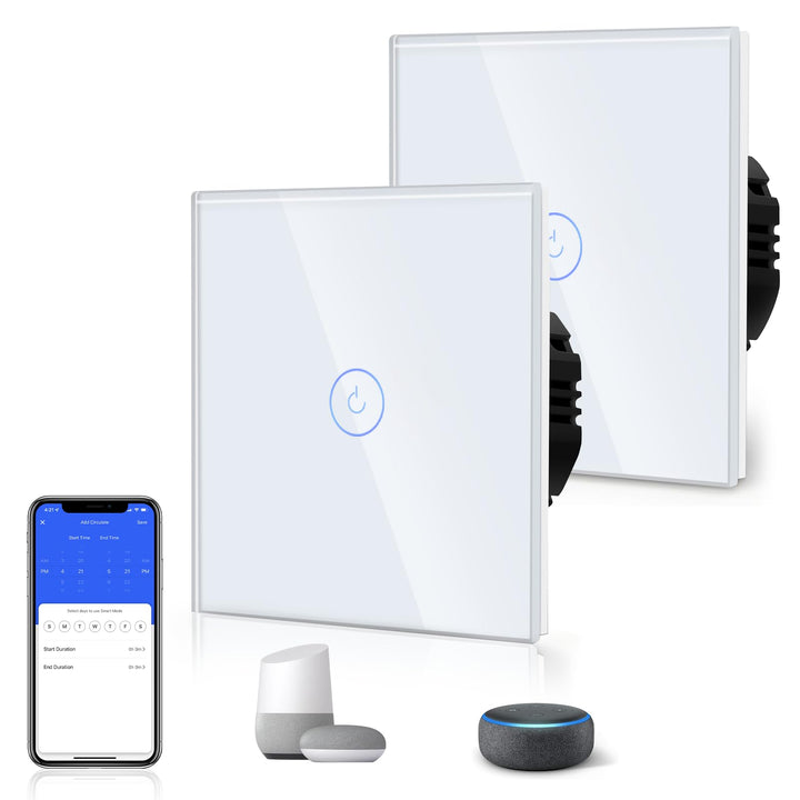 BSEED 2er Pack Smart Alexa 1 Gang 2-Wege-WLAN-Schalter, Glaswand-Wandlichtschalter Weiss, Google/Spr