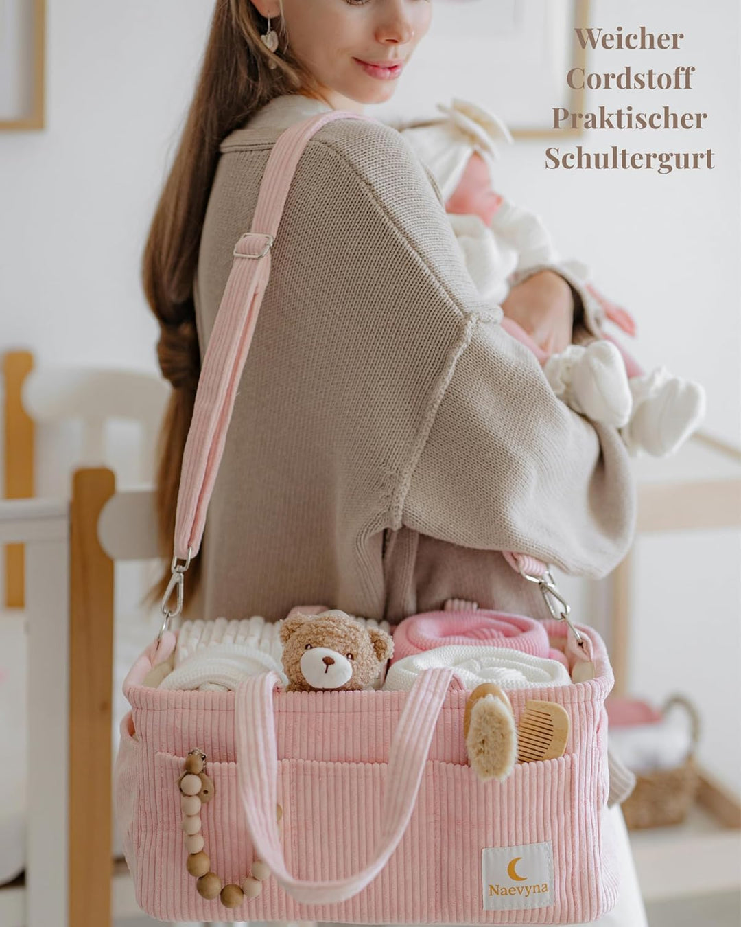 Wickelkorb Organizer aus Cord 2-in-1 mit Schultergurt und Windeltasche - Windel Caddy für den Wickel