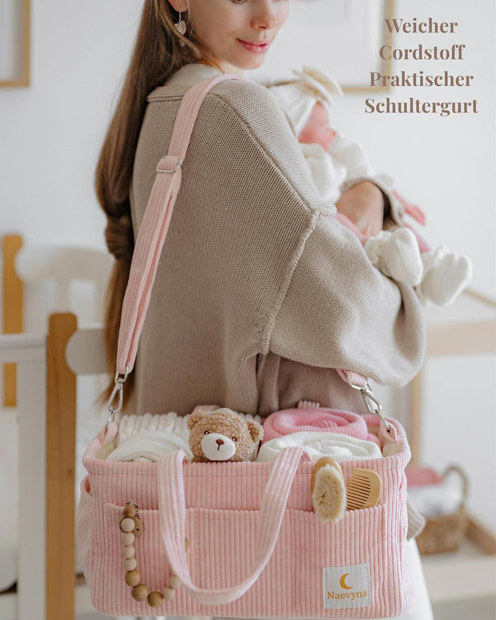 Wickelkorb Organizer aus Cord 2-in-1 mit Schultergurt und Windeltasche - Windel Caddy für den Wickel