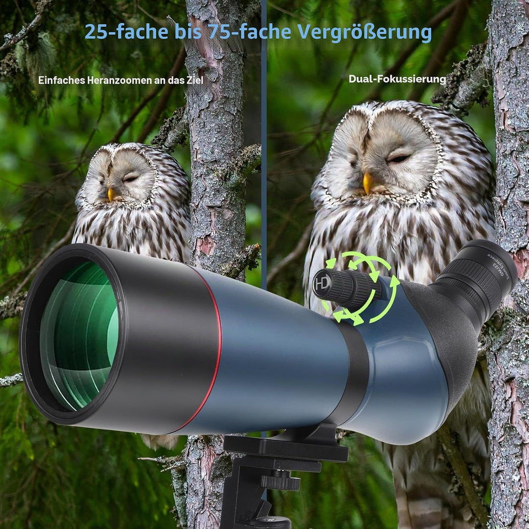 25-75x70 HD Spektiv Sportschützen mit Stativ- und Smartphone-Adapter, Zoom Bak4 Prism FMC Lens 45-Gr