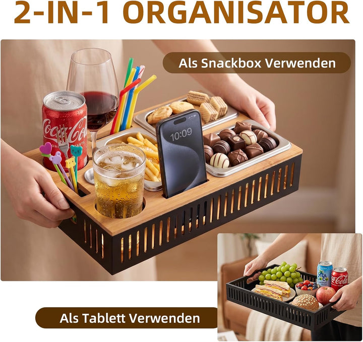 Couchbar Snackbox,Durchbrochen Snackbox mit Fächern&amp;Leuchteffekt,Bambus Sofa Tablett mit 4 Edelstahl