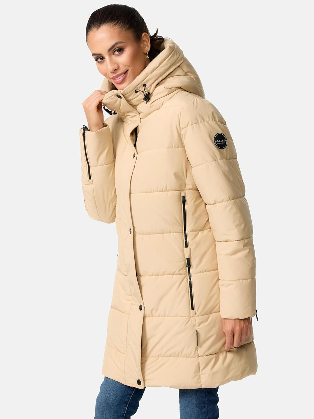 MARIKOO Damen Wintermantel Warmer Steppmantel lang mit Kapuze und hohem Kragen Karumikoo XVI XS-3XL
