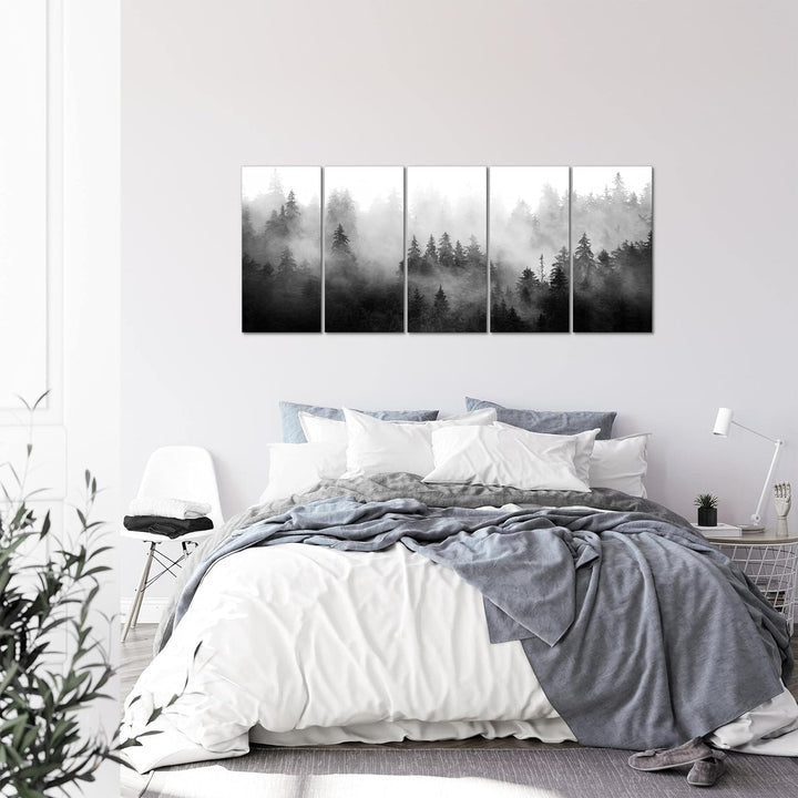 Runa Art Wandbild XXL Wald Natur Wohnzimmer Schlafzimmer 200 x 80 cm Schwarz Weiss 5 Teilig - Made i