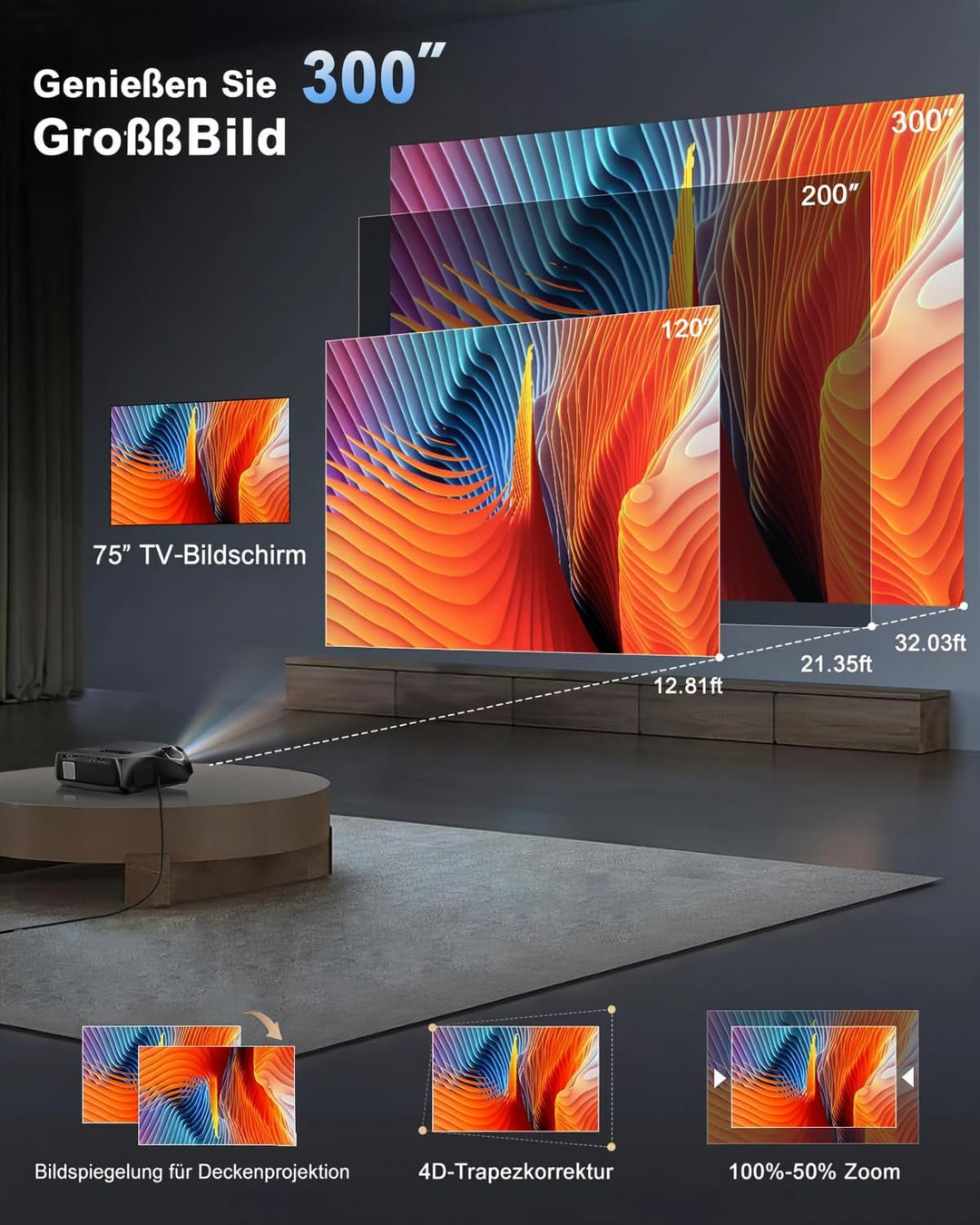 LED Beamer 4K 1800 ANSI Tageslicht Tauglich HDR10+, Smart Beamer Android WLAN Bluetooth 5.2 WIFI6 mi