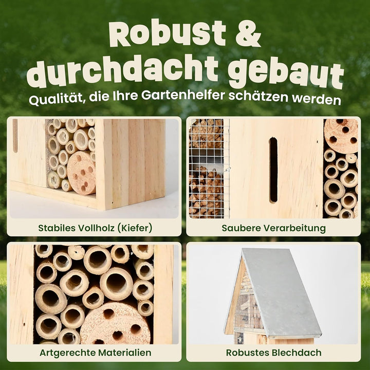 zooprinz Insektenhotel klein mit Metalldach – Insektenhaus/Bienenhotel aus Holz mit Bambus Röhrchen