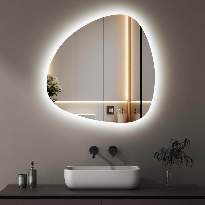 Boromal Asymmetrischer Badspiegel mit Beleuchtung 80x80cm LED Asymmetrischer Spiegel mit Beleuchtung