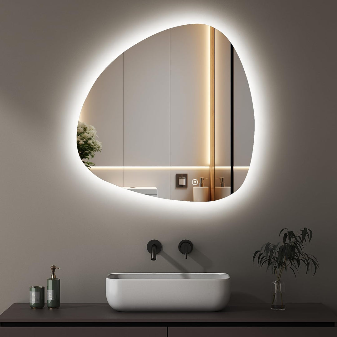 Boromal Unregelmässiger Form Asymmetrischer Spiegel mit LED Beleuchtung, Badspiegel mit Beleuchtung