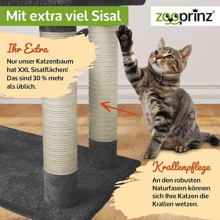 zooprinz extra breiter kratzbaum – XXL Premium Kratzbaum mit dicken Sisal Säulen, Höhle, Hängematte,
