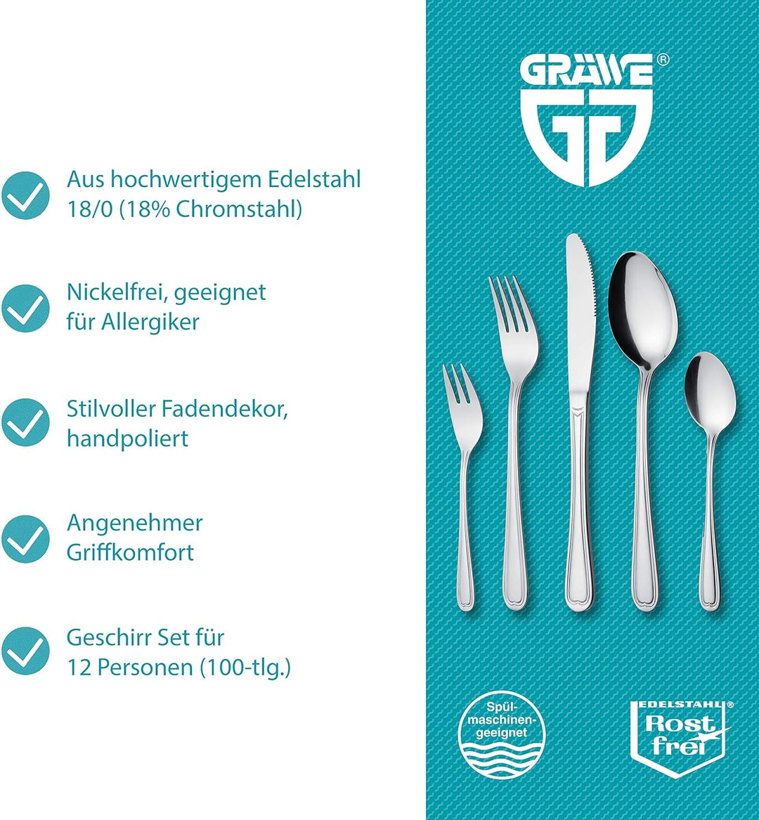 GRÄWE Besteckset für 12 Personen aus Edelstahl, Geschirrset, 100-teilig Set, nickelfrei, rostfrei, h