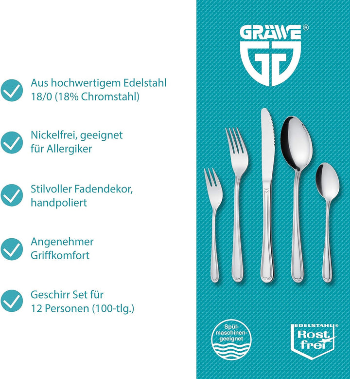 GRÄWE Besteckset für 12 Personen aus Edelstahl, Geschirrset, 100-teilig Set, nickelfrei, rostfrei, h