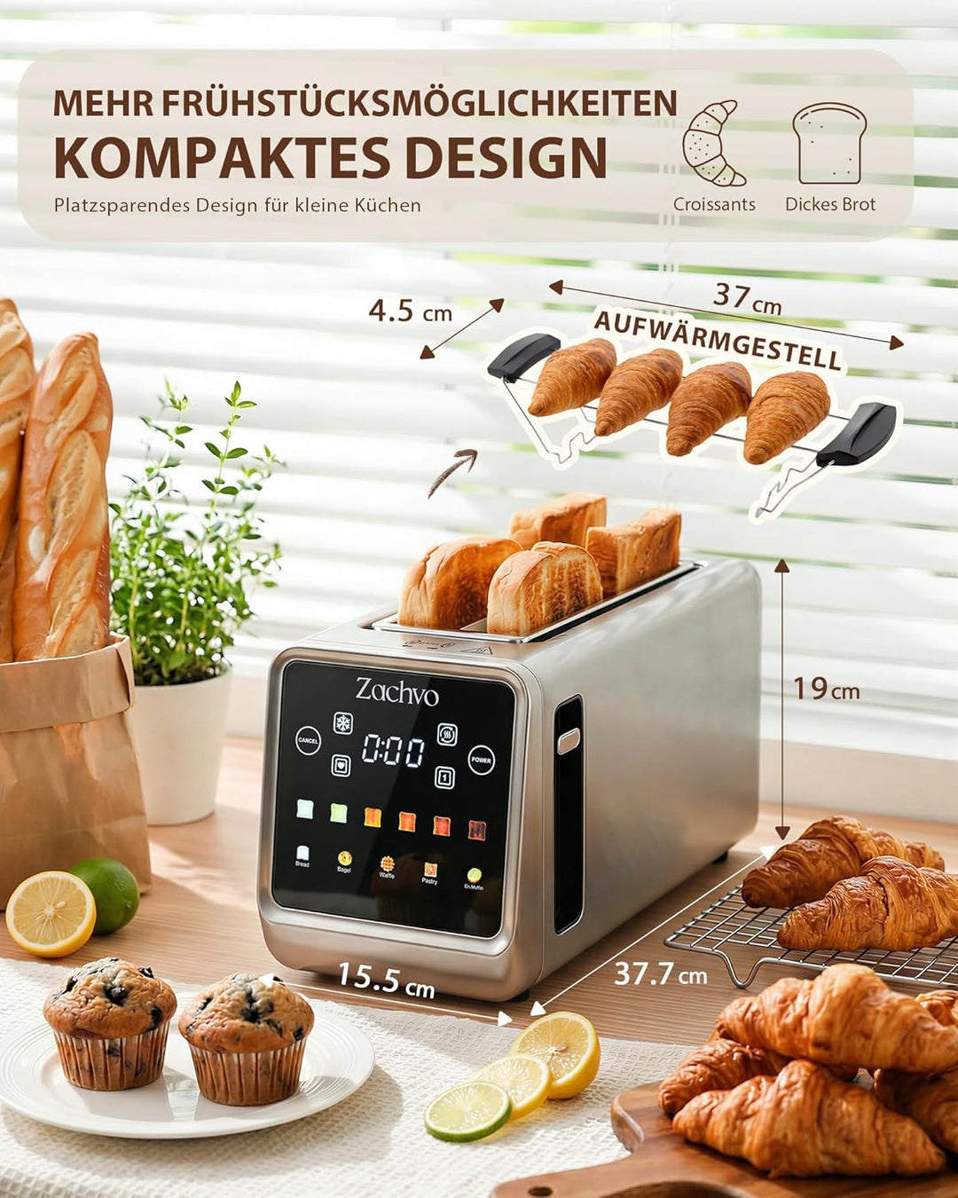 4 Scheiben Langschlitz Toaster Edelstahl, Smart Touchscreen mit LED-Countdown, Memory-Funktion, 6 Br