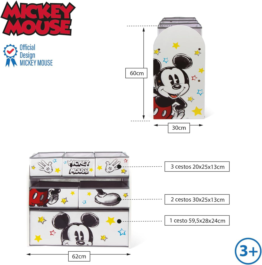 ARDITEX – Organizer aus Holz mit 6 Textilboxen mit Mickey-Mouse-Motiv von Disney – 62x30x60cm – Farb