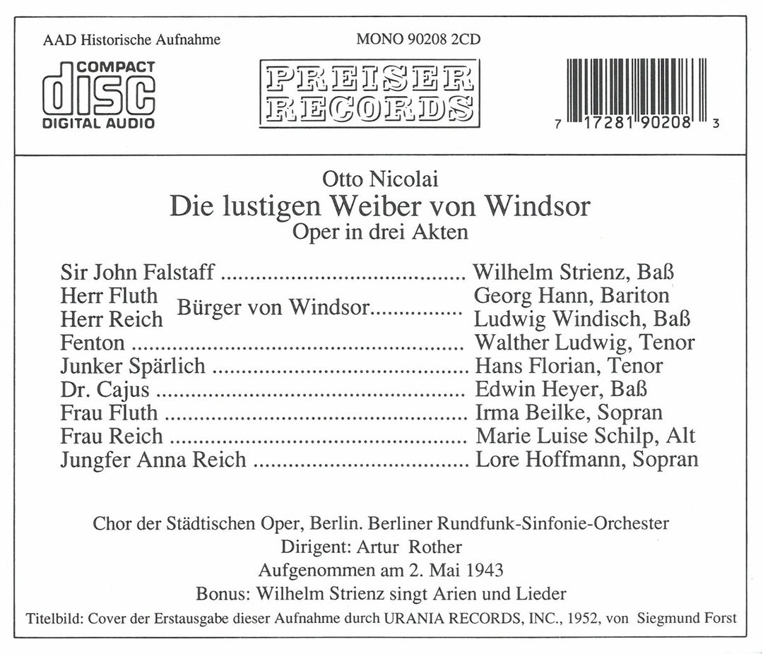 Nicolai: Die lustigen Weiber von Windsor (Gesamtaufnahme 1943), Audio-CD