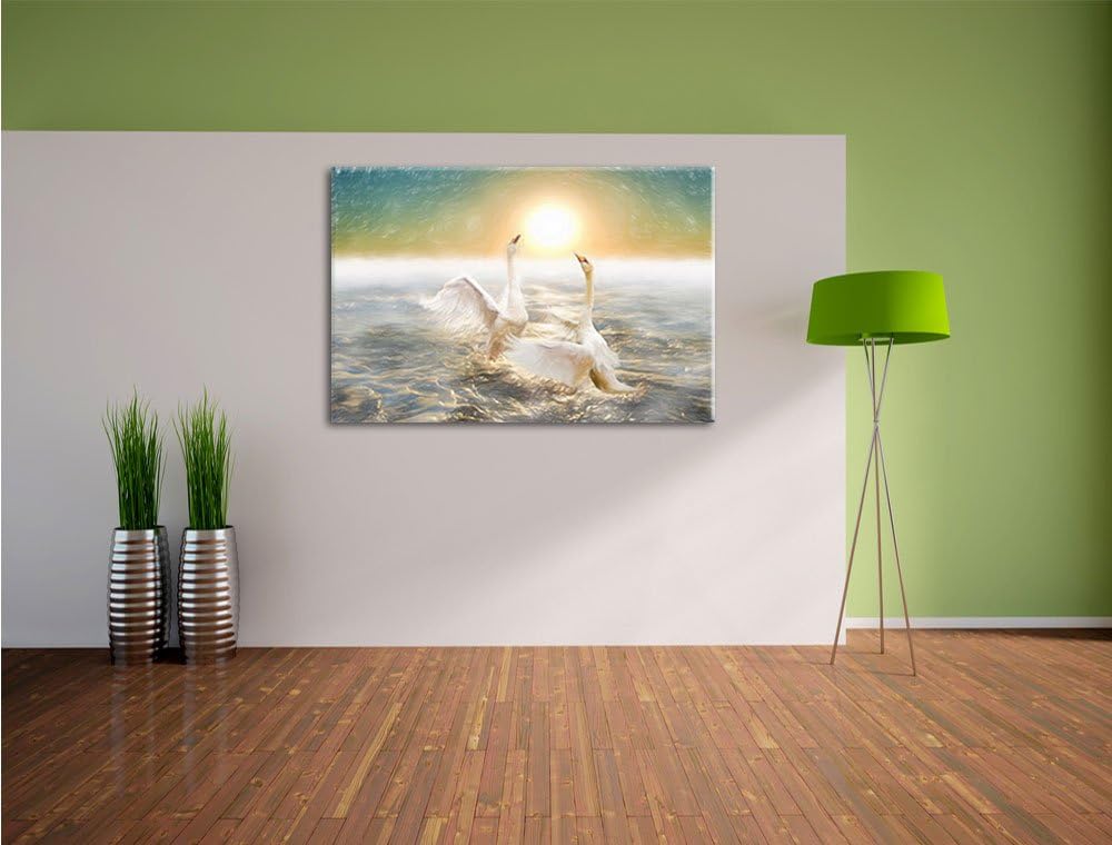 Pixxprint Schwäne im Meer als Leinwandbild/Grösse: 100x70 cm/Wandbild/Kunstdruck/fertig bespannt, 10