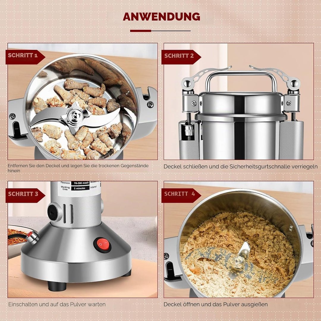 Kotsy Getreidemühle, 150 g, tragbar, 850 W, elektrische Gewürzmühle, 3 Klingen für verschiedene Getr