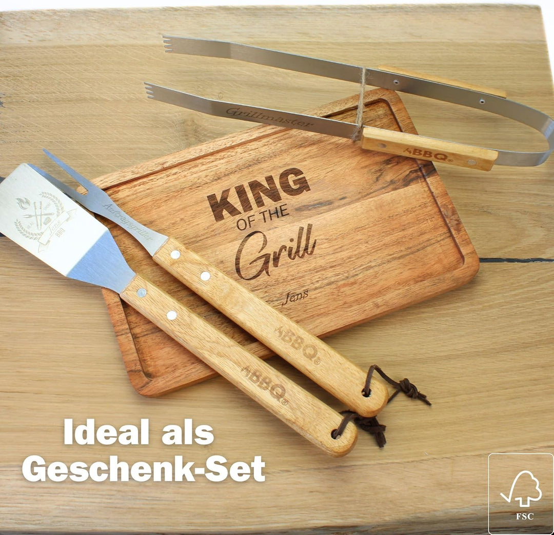Grill-Set mit Gravur Edelstahl – BBQ Geschenkset OPTIONAL mit Akazienbrett – Grillzubehör für Männer