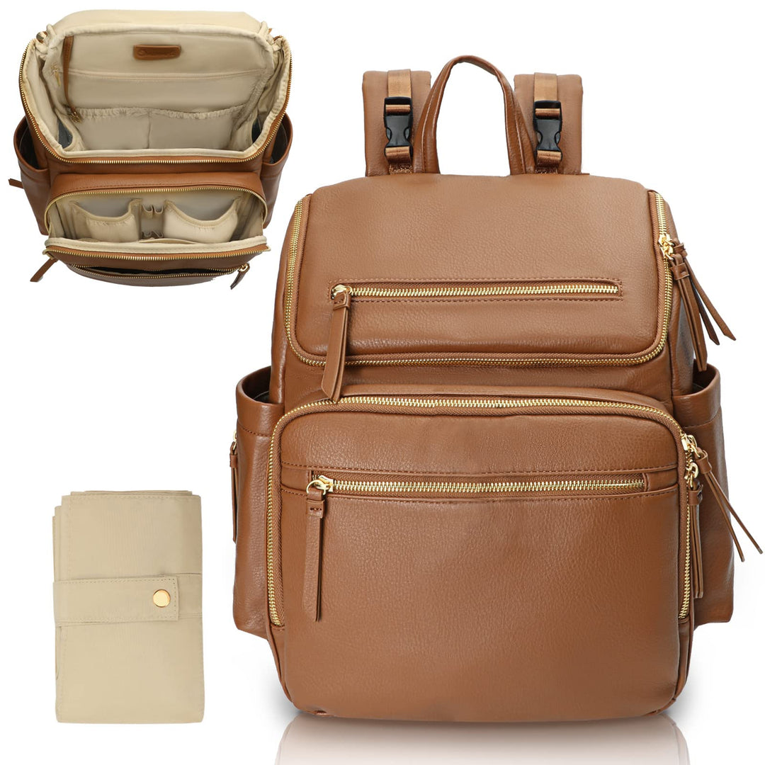 Omanmoli Wickeltasche, Rucksack, Baby-Wickeltasche, Leder, mit 17 Wickeltaschen Kunstleder-congac, K