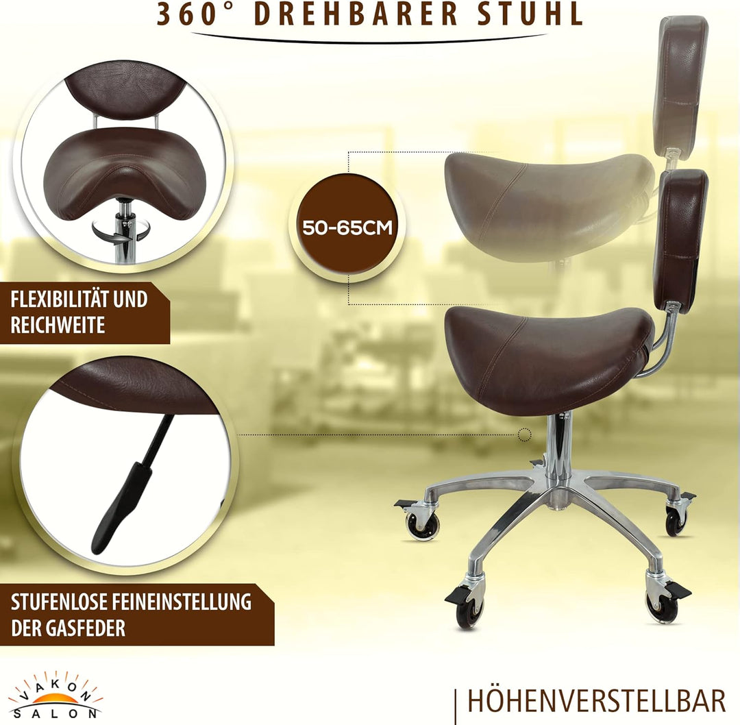 Premium Sattelhocker braun mit Bremse und Lehne, Sattelstuhl für Rückenentlastung, Rollhocker höhenv