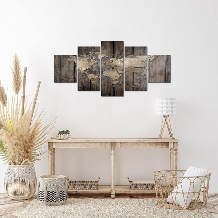 Runa Art Wandbilder Weltkarte 5 Teilig Bild auf Vlies Leinwand Deko Büro Wohnzimmer Holzoptik Beige
