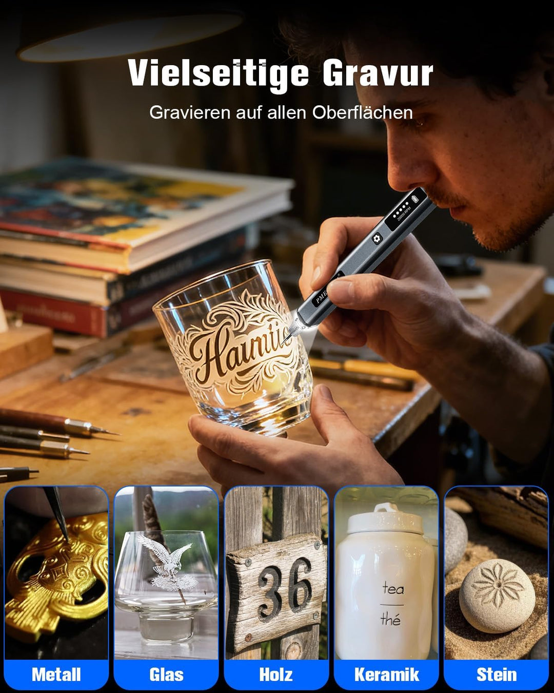 Gravierstift mit LCD Display & LED Licht, 31 Bits, 5 Gängen Elektrischer Gravur Stift, Kabelloses Gr