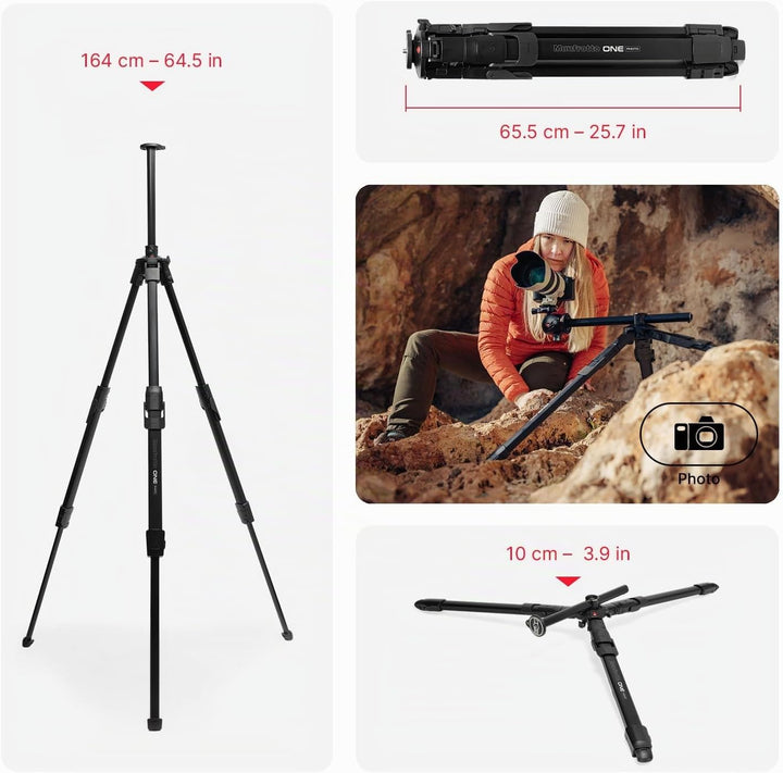 Manfrotto ONE Photo, Aluminium-Stativ,12 kg Tragkraft, 90° Horizontalsäule, XTEND-Beine für schnelle
