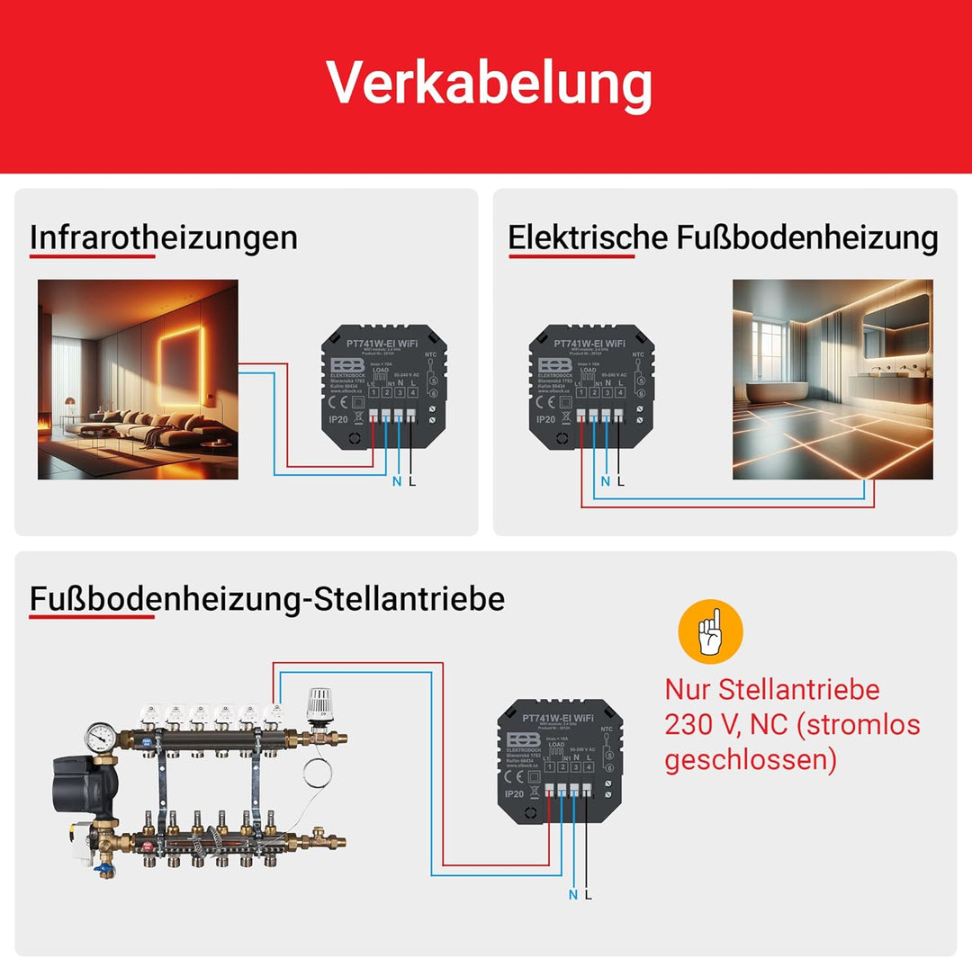 Elektrobock PT741B-EI Raumthermostat mit WiFi | Smartes Thermostat für Fussbodenheizung & Elektrohei
