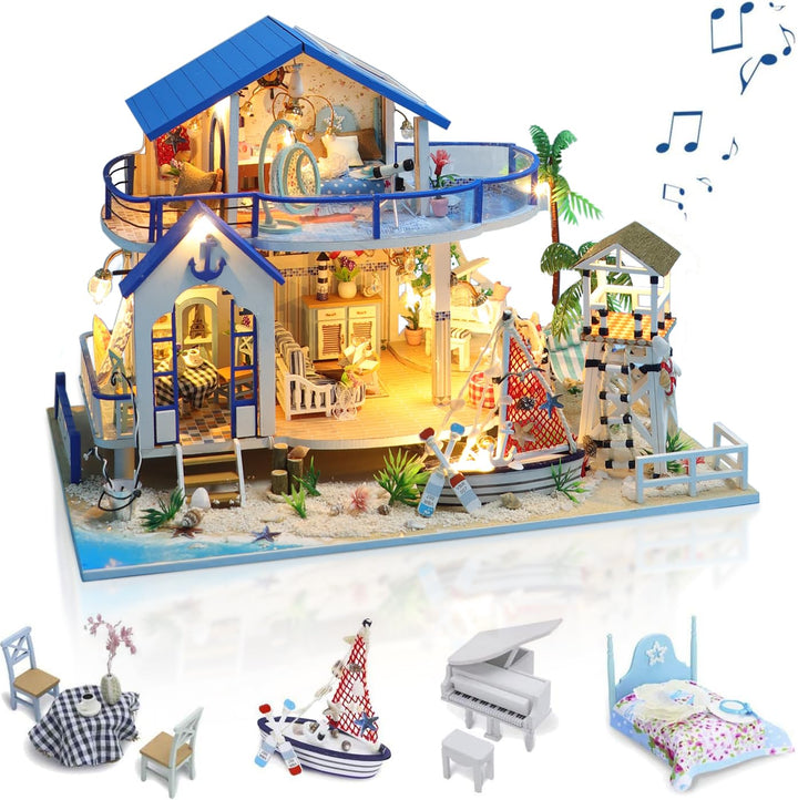 GuDoQi DIY Hölzernes Puppenhaus Kit, Miniatur Puppenhaus mit Möbeln und Musik, Handgefertigte Mini H