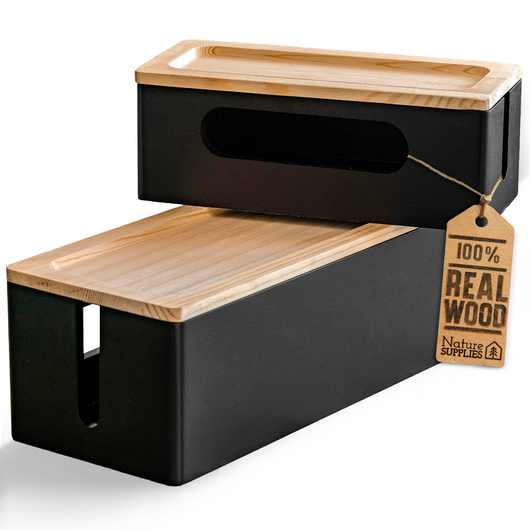Nature Supplies Set mit 2 Kabelboxen aus Kiefernholz - 1 Klein Kabelbox als Schreibtisch-Organizer,