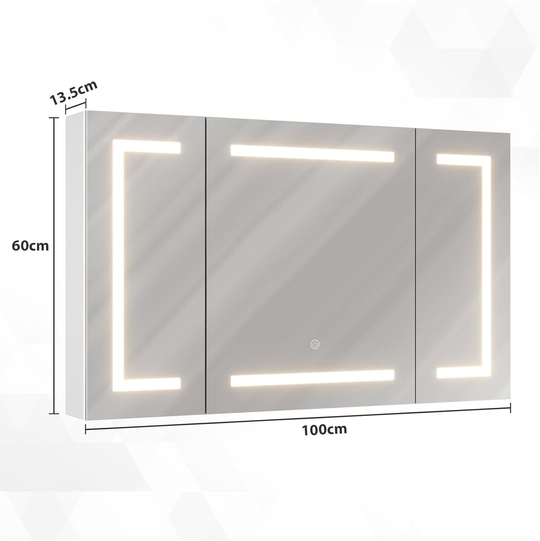 DICTAC Spiegelschrank Bad mit LED Beleuchtung und Steckdose 100x60x13.5 cm Metall Bad Spiegelschrank