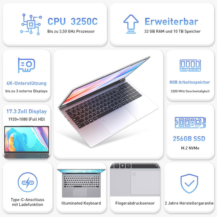 Auusda Laptop 17,3 Zoll Notebook, 8GB DDR4 RAM 256GB SSD, 3250C Prozessor, Fingerabdrucksensor, bele