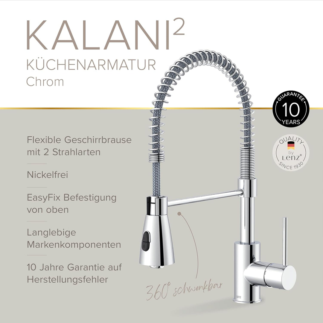 Lenz Küchenarmatur KALANI² in Chrom – flexible Geschirrbrause mit 2 Strahlarten – komfortable EasyFi