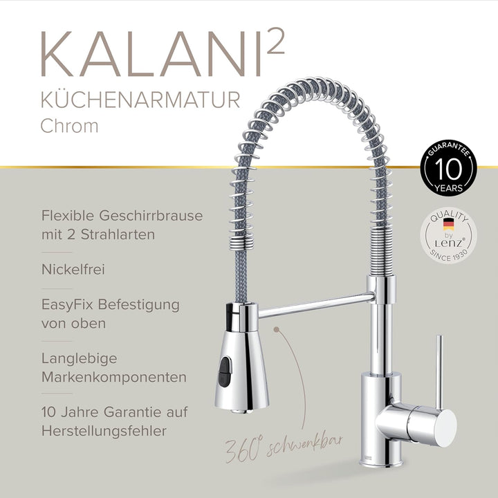 Lenz Küchenarmatur KALANI² in Chrom – flexible Geschirrbrause mit 2 Strahlarten – komfortable EasyFi