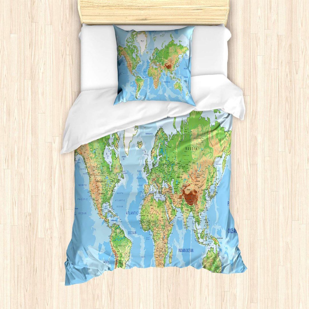 ABAKUHAUS Weltkarte Bettbezug Set für Einzelbetten, Topographische Bildung, Milbensicher Allergiker