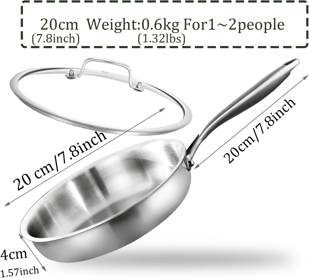 Edelstahlpfanne 20 cm mit Deckel, Durchgehend 3-lagig | Unbeschichtet Bratpfanne, Induktions, Hochef