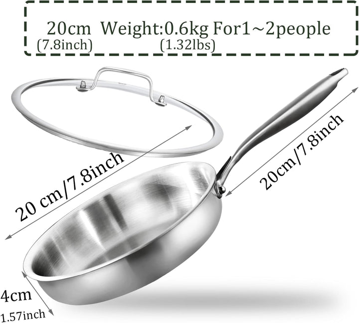 Edelstahlpfanne 20 cm mit Deckel, Durchgehend 3-lagig | Unbeschichtet Bratpfanne, Induktions, Hochef