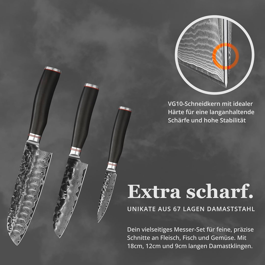Wakoli Ebo 3er Damastmesser Set mit 9-18cm Klingen mit Hammerschlag gefertigt aus 67 Lagen echtem Da