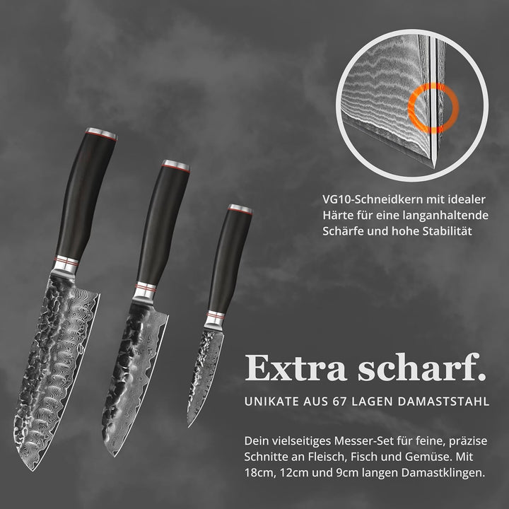 Wakoli Ebo 3er Damastmesser Set mit 9-18cm Klingen mit Hammerschlag gefertigt aus 67 Lagen echtem Da