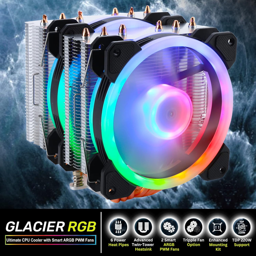Gelid Solutions Glacier RGB – Twin Tower mit 6 Power Heatpipes – 2X 120mm-ARGB-PWM-Lüfter – TPD 220W