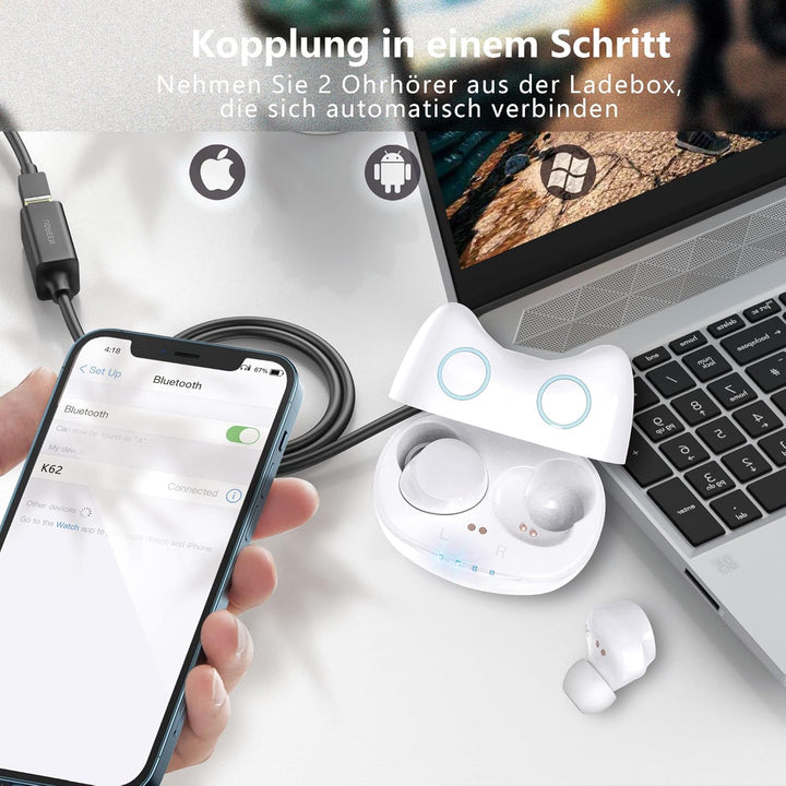 White Bluetooth Headphones, In-Ear Wireless Headphones with Cute Charging Case, Built-in Microphone