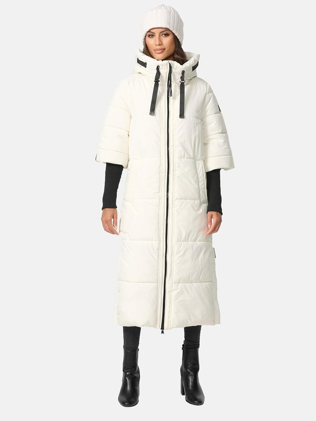 Navahoo Damen Wintermantel warmer Steppmantel lang mit Kapuze und Rippstrickärmeln Ciao Miau XIV XS-