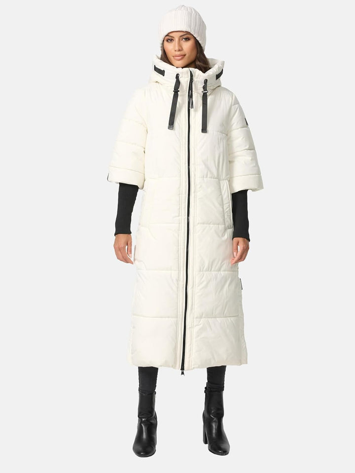 Navahoo Damen Wintermantel warmer Steppmantel lang mit Kapuze und Rippstrickärmeln Ciao Miau XIV XS-