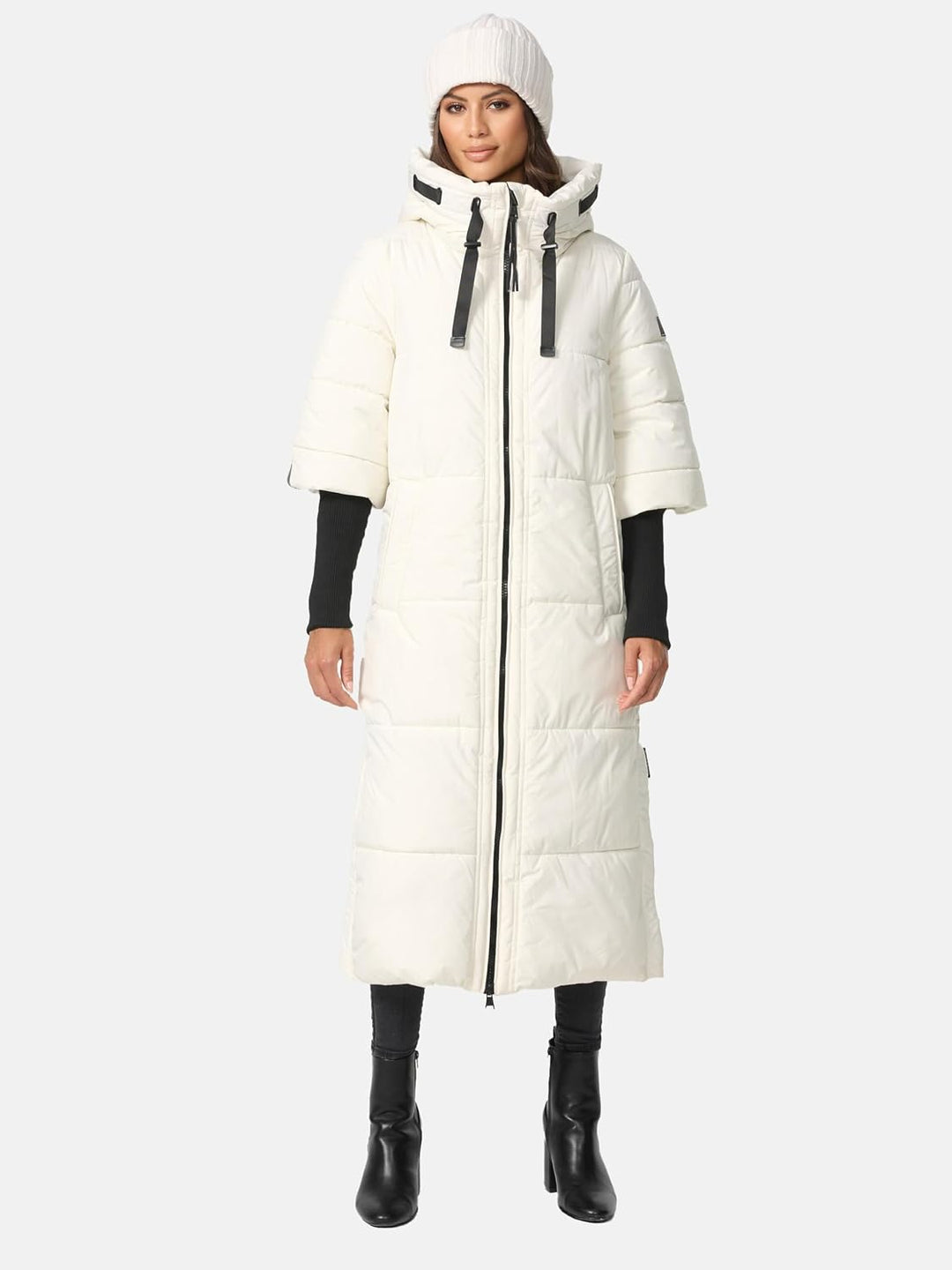 Navahoo Damen Wintermantel Warmer Steppmantel lang mit Kapuze und Rippstrickärmeln Ciao MIAU XIV XS-