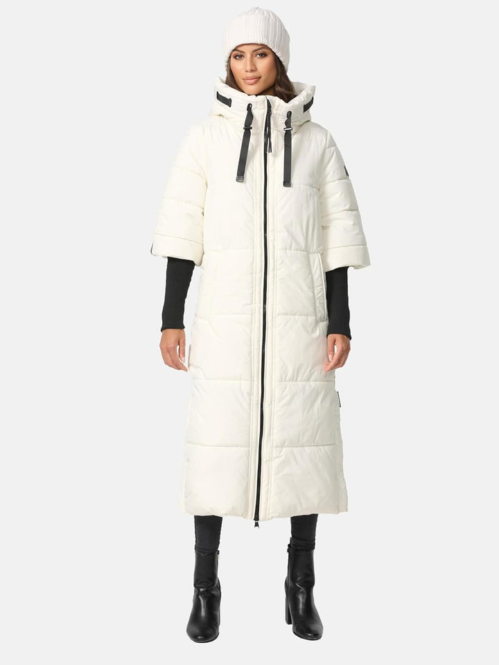 Navahoo Damen Wintermantel Warmer Steppmantel lang mit Kapuze und Rippstrickärmeln Ciao MIAU XIV XS-