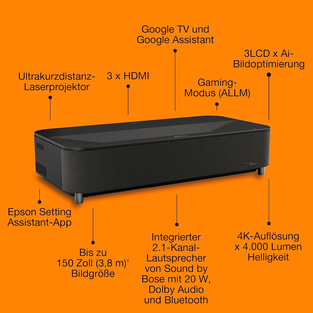 Epson Lifestudio Grand Plus EH‑LS970B | Ultrakurzdistanz Laser Projektor TV | 4KHeimkino | 4.000 Lum