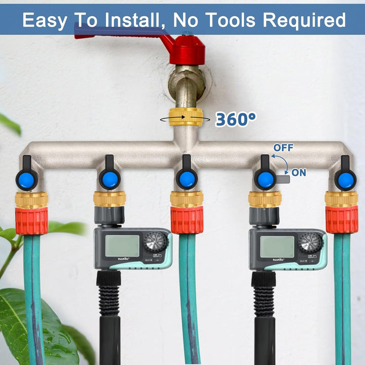 5-Wege Wasserhahn Wasserverteiler aus Messing für 5 Geräte/Gartenschläuche, 5er Verteiler 3/4" Adapt