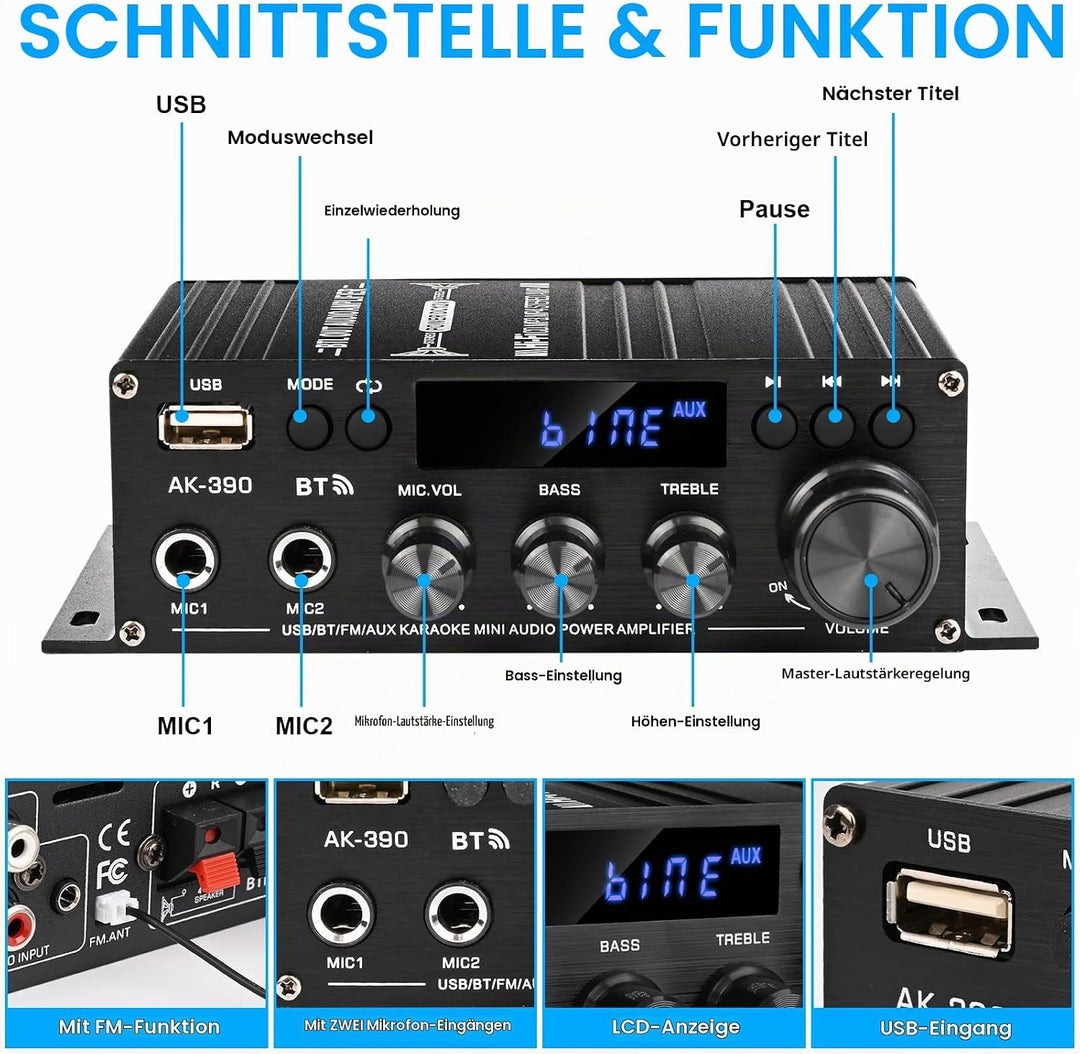 Romicta HiFi-Verstärker AK390, Mini Bluetooth Stereo-Audioverstärker Receiver 12V/ 220V 800W 2 Kanäl