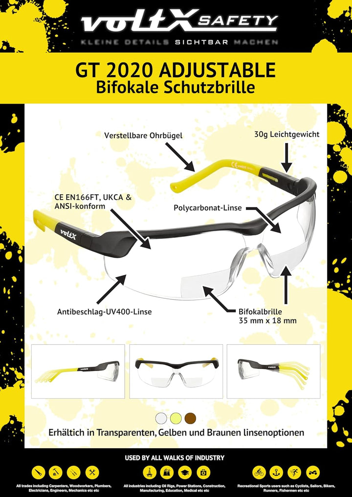 voltX 3 x GT ADJUSTABLE Bifokale Lesen Schutzbrille (KLAR, GELB, BRAUN +3.0 Dioptrie), Anti-Beschlag