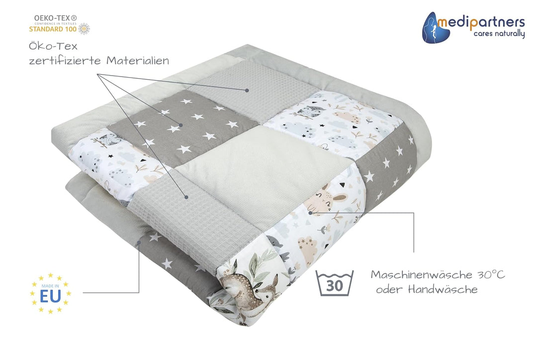Medi Partners Krabbeldecke 100% Baumwolle 120x120cm multifunktional Dick Weich Spielmatte Baby Laufg