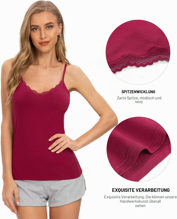 Ymmchy Damen Tanktop mit Spitzen Unterhemd Spaghettiträger Basic Top V-Ausschnitt Verstellbare Träge