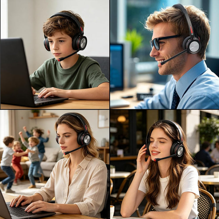 Bluetooth Headset mit Mikrofon Noise Canceling, Wireless Headset mit Ladestation &amp; USB Dongle, Stumm